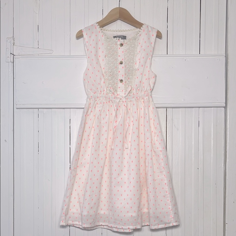 ATUN NWT 100% Cotton Embroidered Dot Crochet Lace Elastic Waist Dress